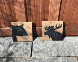 Bear and Moose Rustic Wood Set, Hand Painted on Barnboard, Nursery Decor, Woodland Nursery, Nursery Art