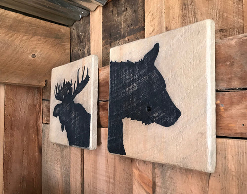 Bear and Moose Rustic Wood Set, Hand Painted on Barnboard, Nursery Decor, Woodland Nursery, Nursery Art