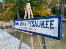 Load image into Gallery viewer, Lake Winnipesaukee Wood Sign with GPS Coordinates, Hand Painted on Rustic Barn Board, Custom Personalized Lake House Decor