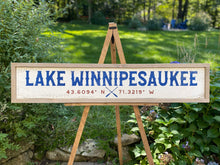 Load image into Gallery viewer, Lake Winnipesaukee Wood Sign with GPS Coordinates, Hand Painted on Rustic Barn Board, Custom Personalized Lake House Decor