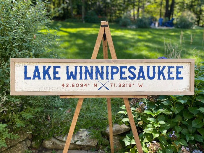 Lake Winnipesaukee Wood Sign with GPS Coordinates, Hand Painted on Rustic Barn Board, Custom Personalized Lake House Decor