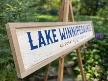 Load image into Gallery viewer, Lake Winnipesaukee Wood Sign with GPS Coordinates, Hand Painted on Rustic Barn Board, Custom Personalized Lake House Decor