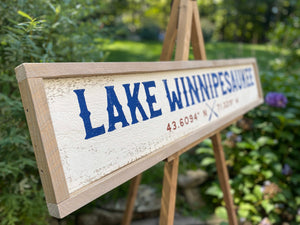 Lake Winnipesaukee Wood Sign with GPS Coordinates, Hand Painted on Rustic Barn Board, Custom Personalized Lake House Decor