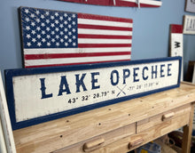 Load image into Gallery viewer, Lake Opechee Rustic Wood Coordinates Sign