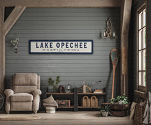 Load image into Gallery viewer, Lake Opechee Rustic Wood Coordinates Sign